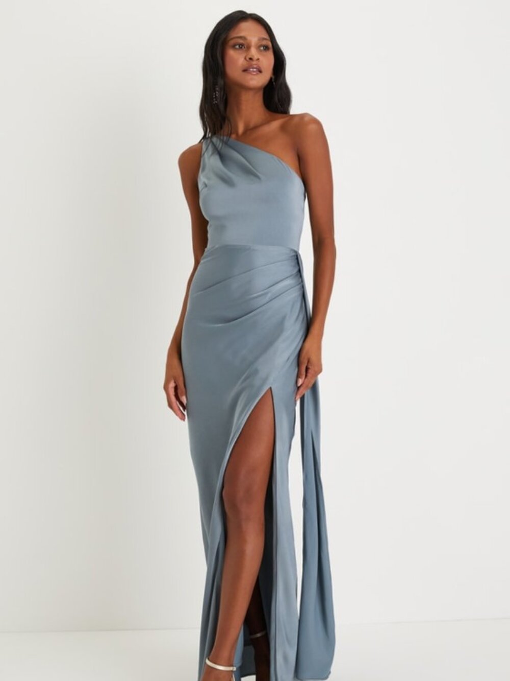 Lulus Signature Elegance Slate Blue Satin One-shoulder Maxi Dress - Size S